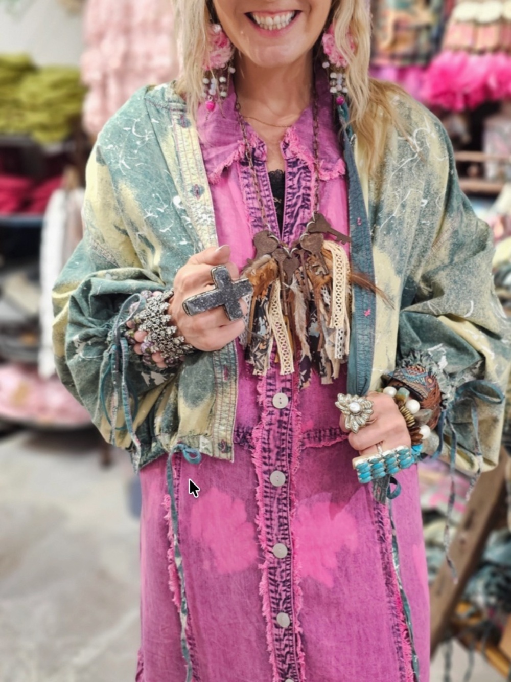 Boho Pink Maxi Dress with Button Front - Picture 3 of 4